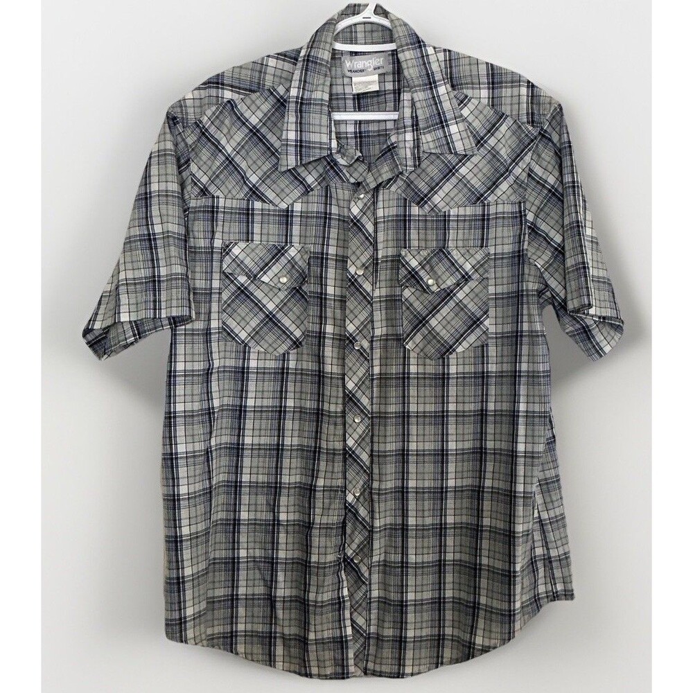 ❤️ Wrangler Men’s Wrancher Western Pearl Snap Shirt Medium Blue Gray Plaid